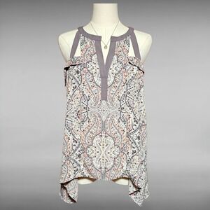 BCBGMAXAZRIA Womens Grey Paisley Cold Shoulder Blouse V-Neck Tank Top Small